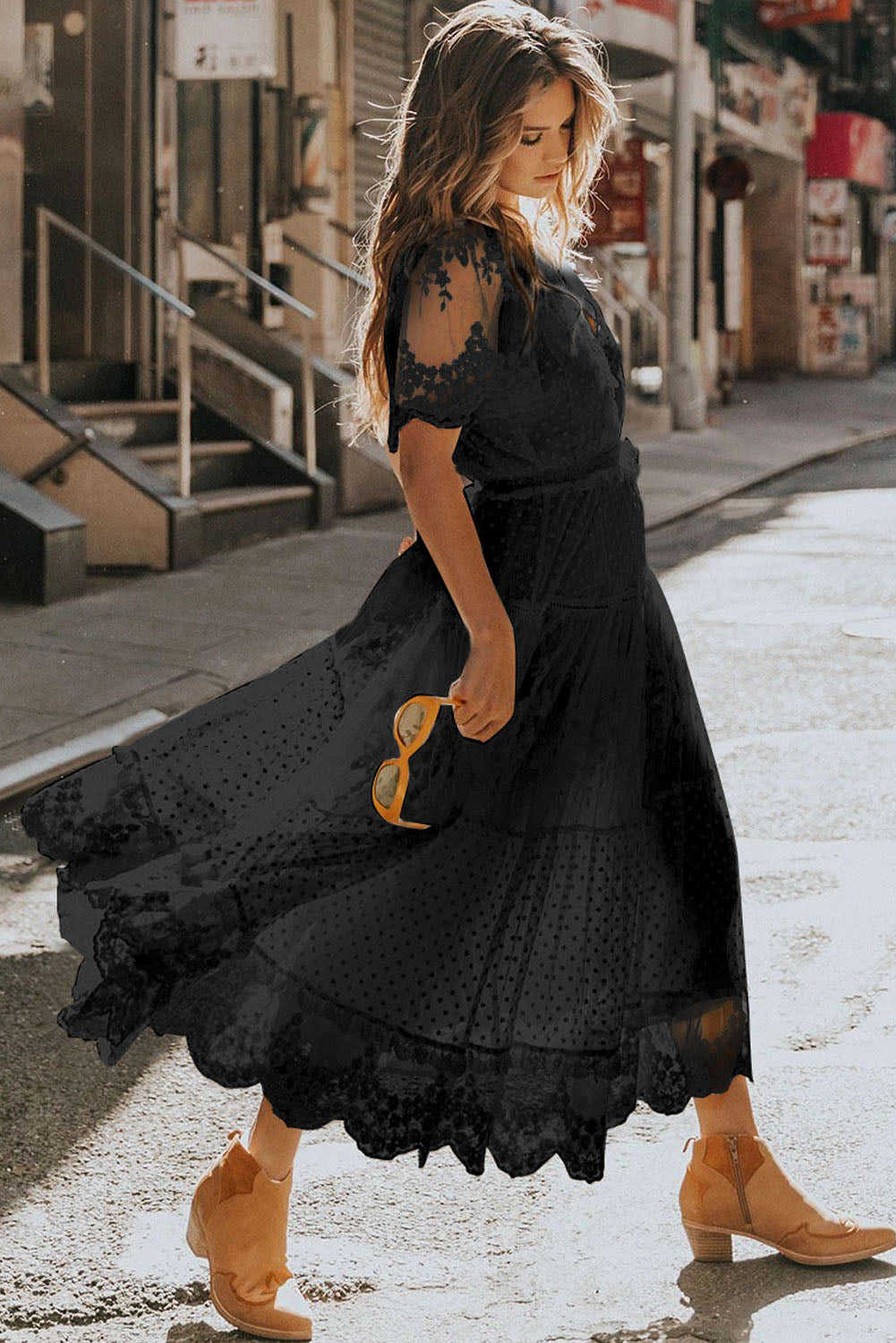Dot Lace Black Maxi Dress