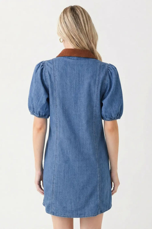 Denim Puff Sleeve Shirt Collar Mini Dress