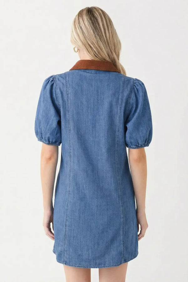 Denim puff sleeve shirt collar mini dress back view — Fashionfitz UK