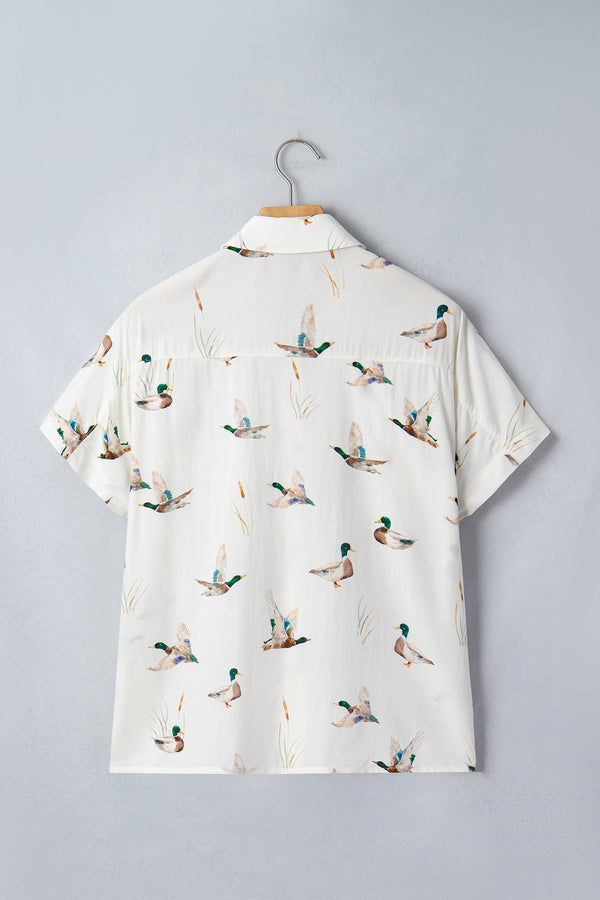 White Mallard Print Button Pocket Short Sleeve Shirt