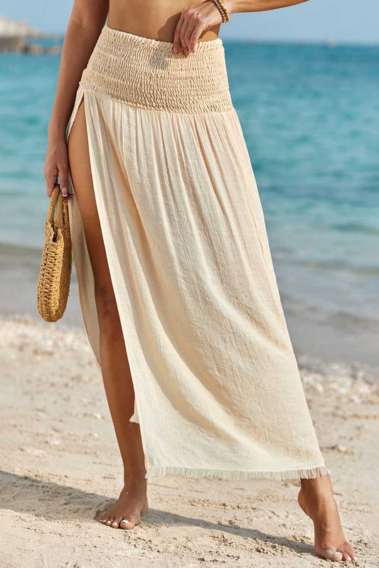 Beige shirred split long beach skirt