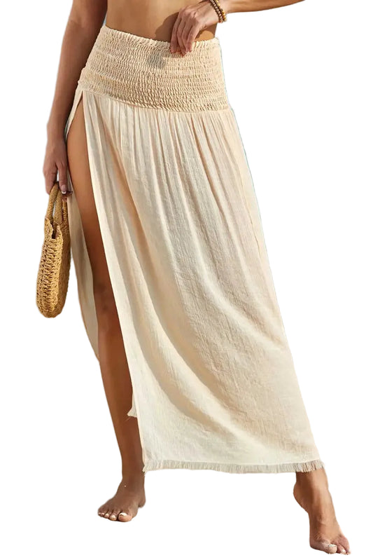 Beige shirred split long beach skirt