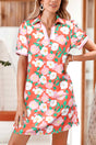 Salmon Floral Contrast Striped Polo Collar T-Shirt Dress Women UK