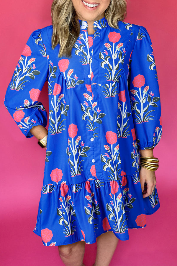 Blue Floral Button Detail 3/4 Puff Sleeve Ruffle Hem Dress Women UK — back view