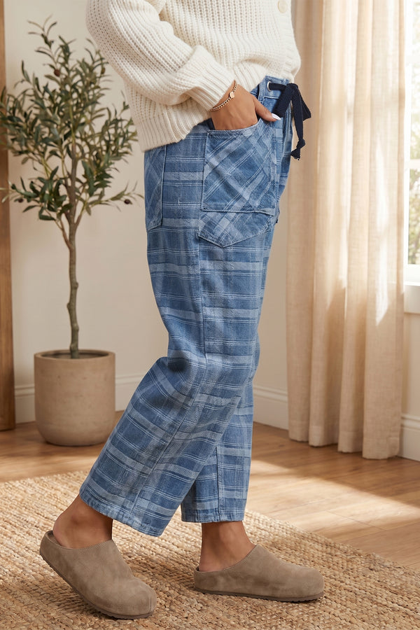 Plaid Denim Grommet Drawstring Waist Ankle-Length Jeans Women UK