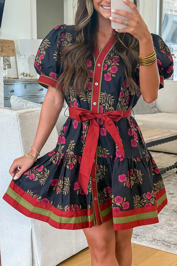 Black Retro Floral Belted Button Down Puff Sleeve Mini Dress Women UK — back view