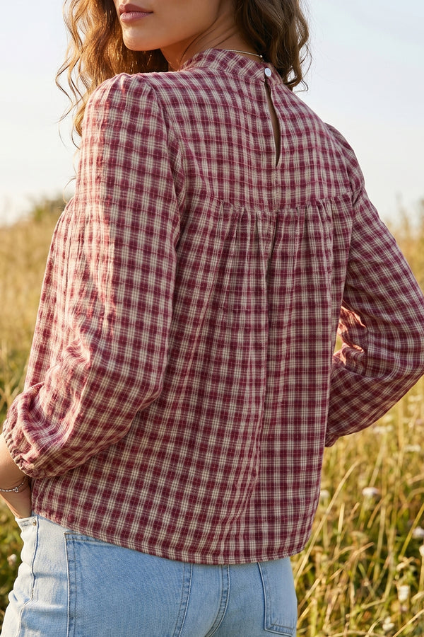 Coral plaid keyhole pleated blouse back view — Fashionfitz UK