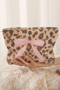 Women's leopard bow ribbed makeup bag front view