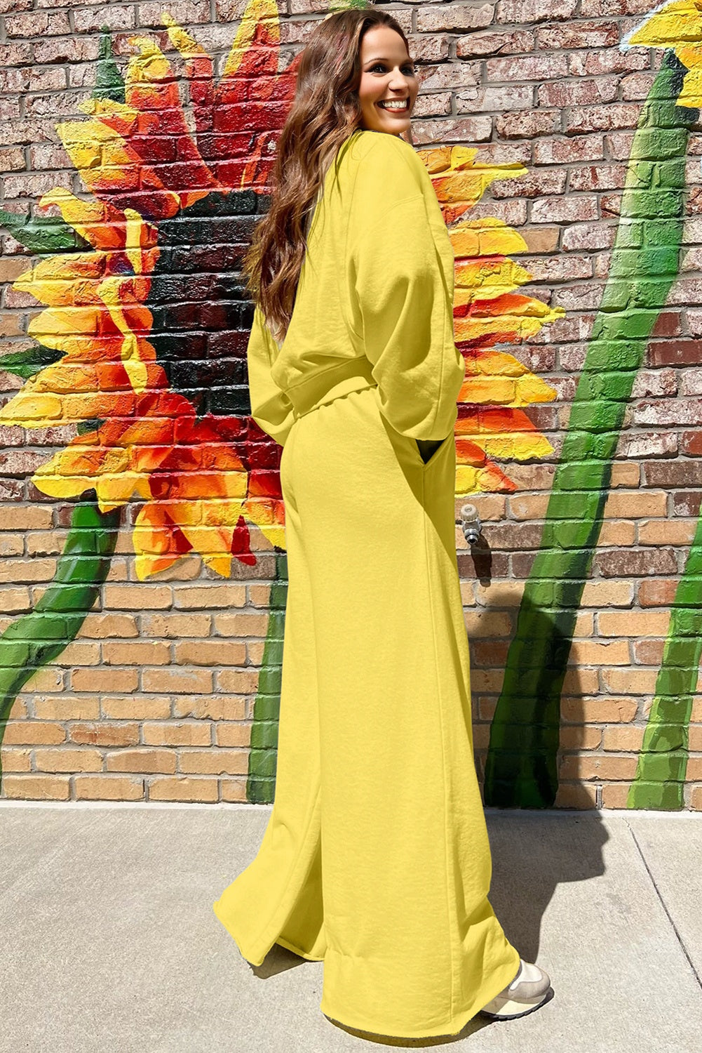 Back view of yellow Drop Crop Wide-Leg Pants Set highlighting relaxed silhouette and flowy wide-leg pants for daily comfort.