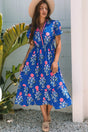 Sky Blue Floral Puff Sleeve V Neck High Waist Maxi Dress Women UK — front view
