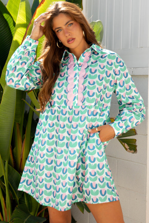 Green Floral Scalloped Notched Neck Long Sleeve Mini Dress Women UK