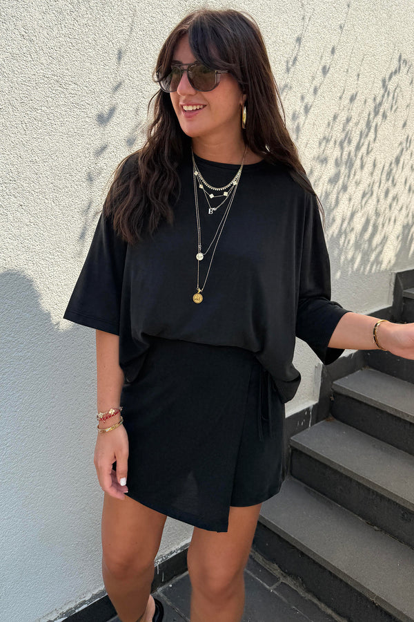 Black Oversize Tee Tie Wrap Mini Skort 2-Piece Set Women UK