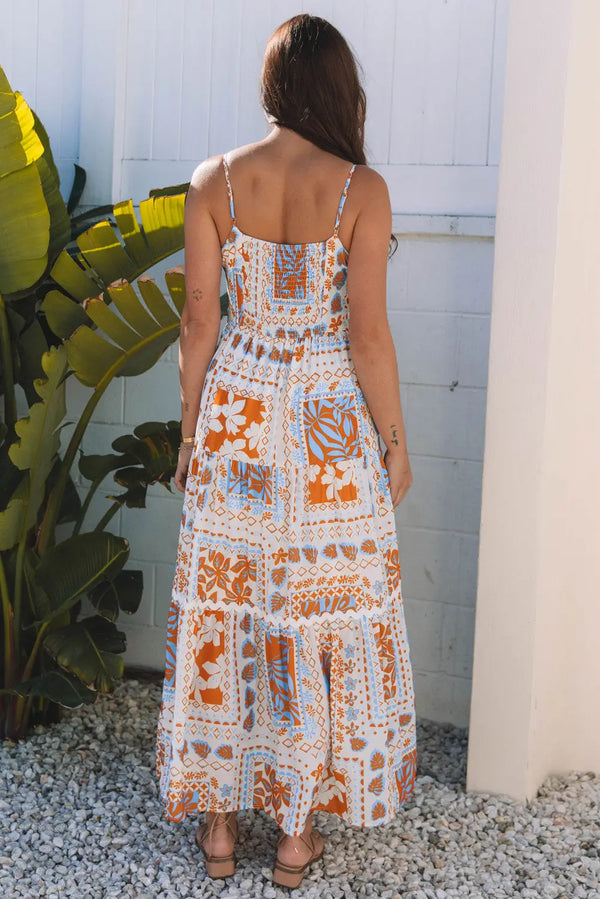 Orange Multi Print Ricrac Spaghetti Strap Maxi Dress Women UK