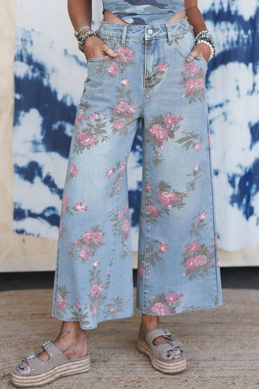 Sky blue garden floral print bootcut jeans
