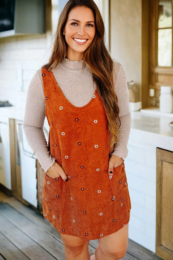 Gold Flame Flower Embroidered Corduroy Overall Mini Dress Women UK — back view
