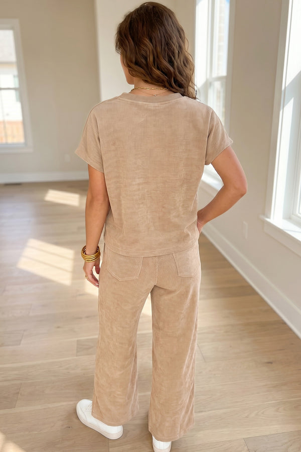 Short Sleeve Top and Corduroy Pants Co-Ord Set in Light French Beige — side view showing ribbed corduroy texture and wide-leg silhouette — Fashionfitz