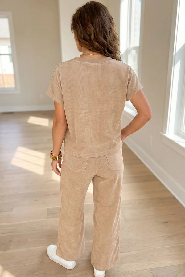 Short sleeve top and corduroy pants co-ord set back view — Fashionfitz UK