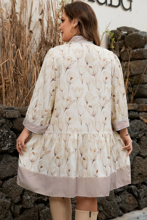 Khaki Plus Size Floral Patchwork Button Down Dress Women UK — back view