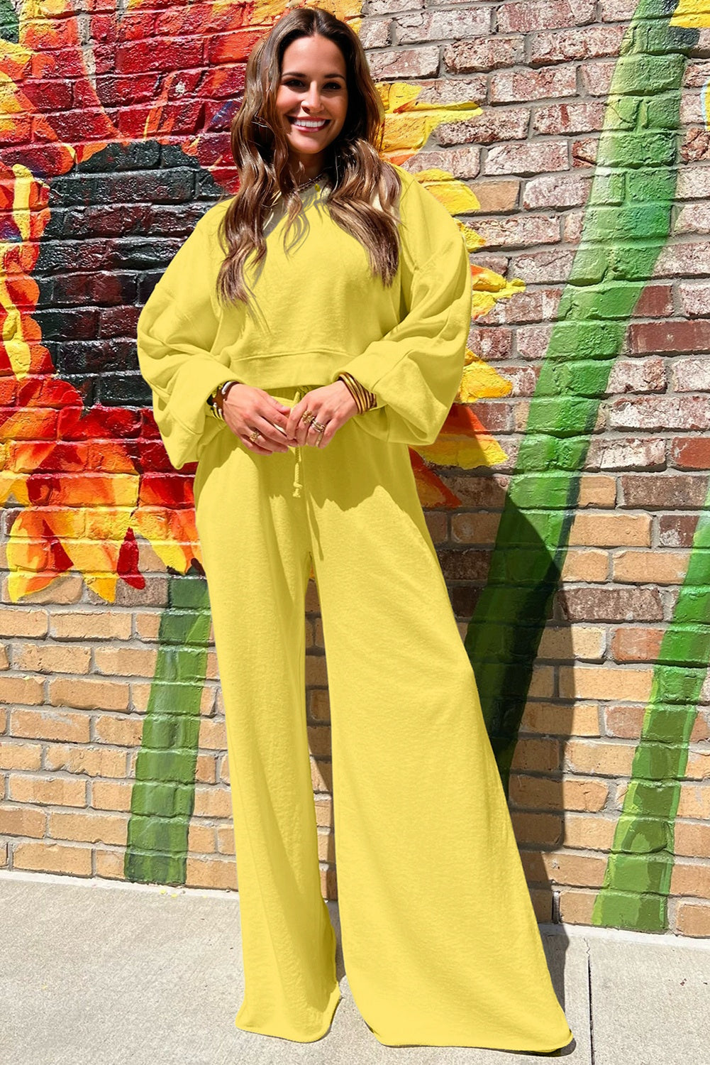 Model in yellow Drop Crop Wide-Leg Pants Set standing confidently, perfect for casual autumn outfits and cozy loungewear.