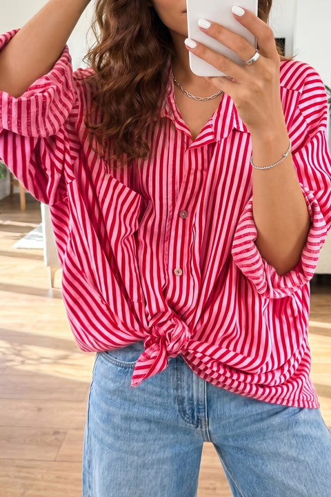 Stripe button-up long sleeve shirt with patch pocket women UK | Fashionfitz