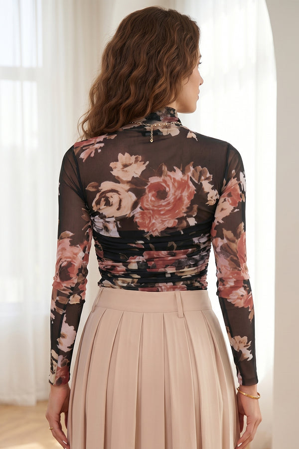 Brown Floral Mesh Long Sleeve High Neck Bodysuit — side view | Fashionfitz UK