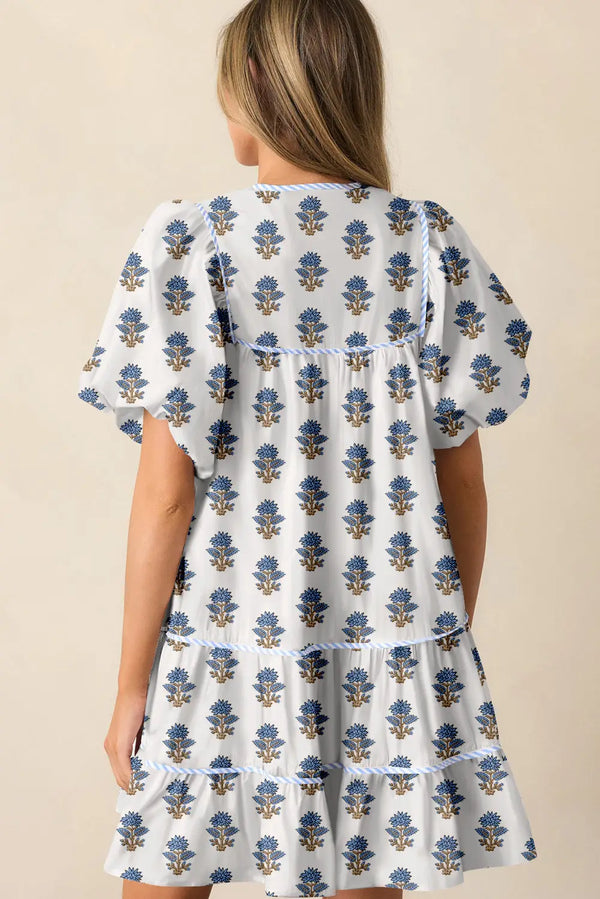Sky Blue Floral Puff Sleeve Tied Neck Pocketed Mini Dress Women UK