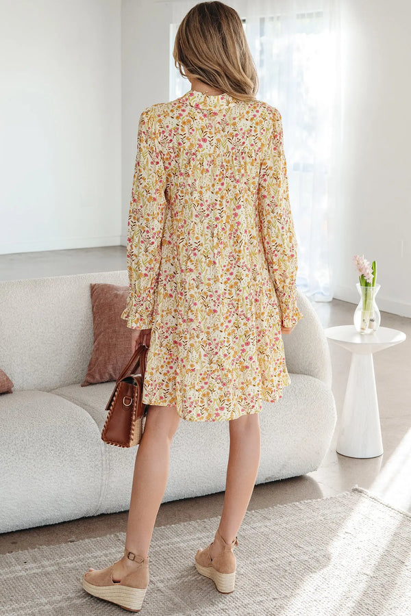 Yellow Floral Frilly Trim Smocked Cuff Long Sleeve Dress Women UK — back view