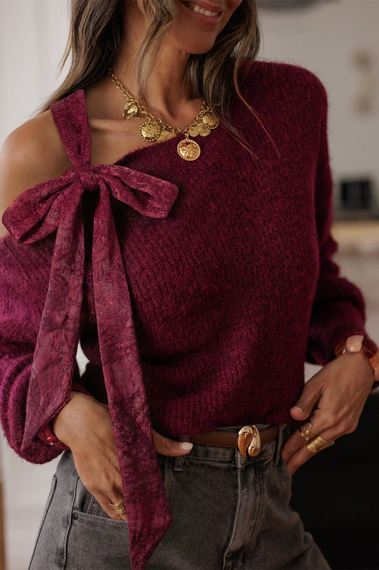 Burgundy Lace Bow Sweater | Asymmetric Off Shoulder Jumper