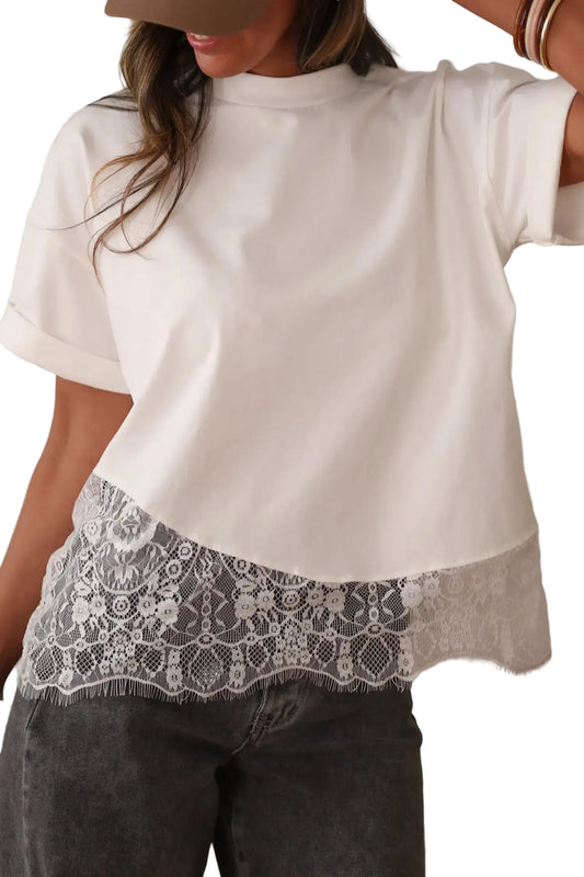 White asymmetric lace hem patchwork tee