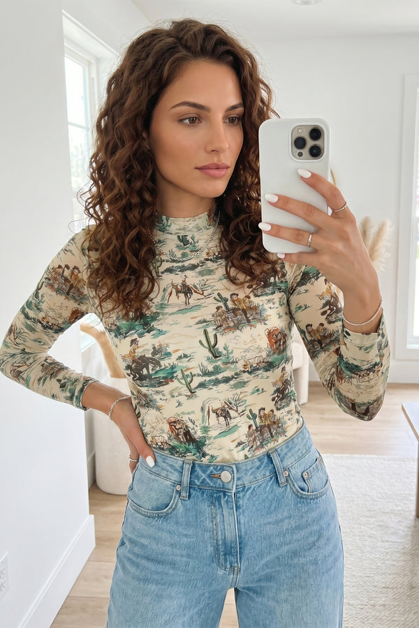 Green Western Print Long Sleeve Round Neck Slim Top — side view | Fashionfitz UK