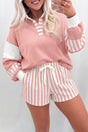 Gossamer Pink Striped Color Block Pullover Top Drawstring Shorts Set