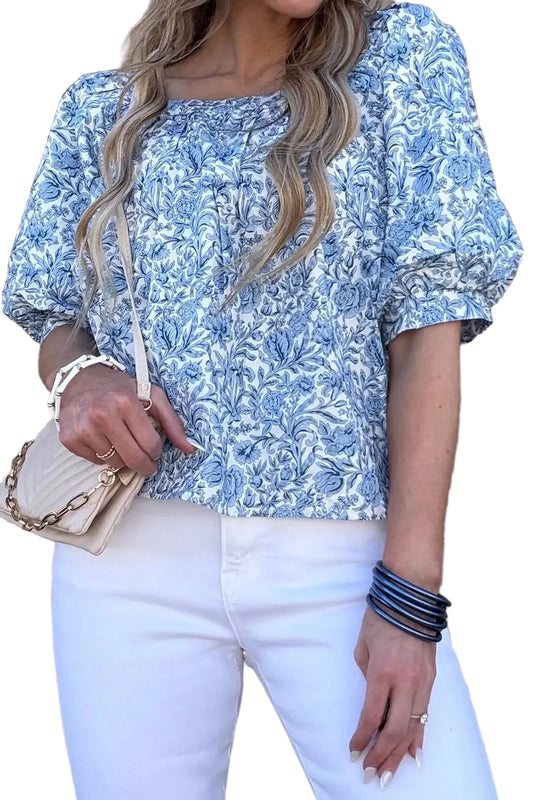 Sky blue square neck puff sleeve floral pleated blouse