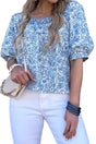 Sky Blue Floral Square Neck Puff Sleeve Blouse Women UK — front view showing soft blue floral and short puff sleeves — Fashionfitz