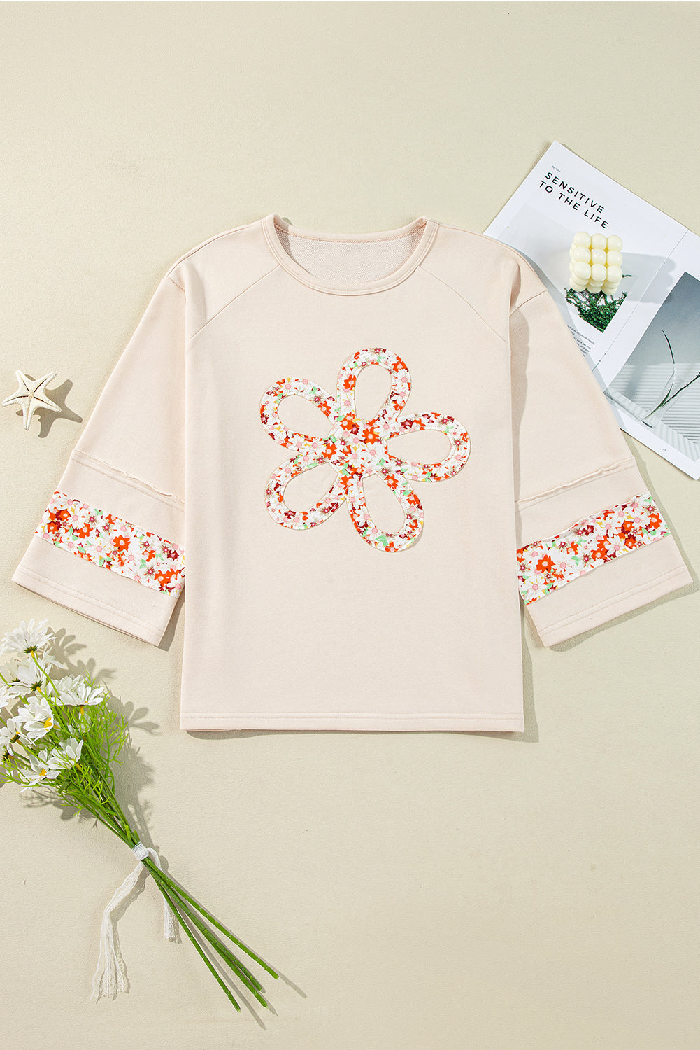 Beige Flower Patch Graphic Top