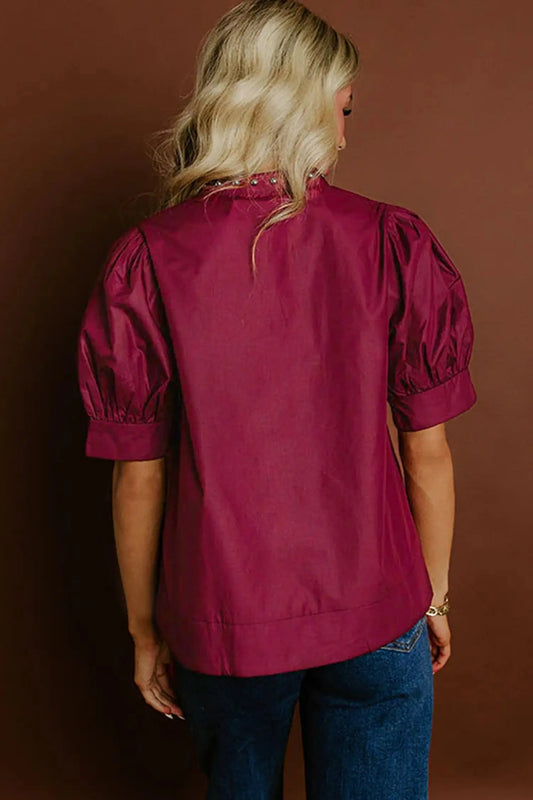 Rivet embellishment detail on burgundy cotton puff sleeve blouse | Fashionfitz UK