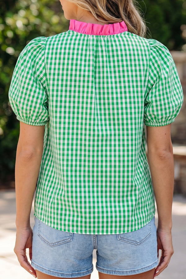 Gingham Bubble Sleeve Blouse Women UK — side view showing bubble sleeve silhouette and colourblock — Fashionfitz