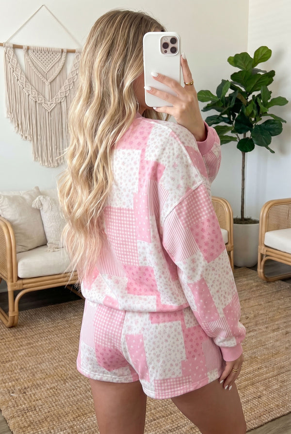 Pink floral shorts co-ord UK side view styled casual