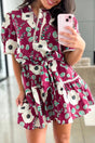 Red Floral Trimmed Puff Sleeve Belted Mini Dress Women UK — front view