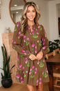 Brown Floral Babydoll Puff Sleeve Ruffle Hem Tunic Dress Women UK — front view