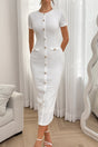 Button decor short sleeve textured knit bodycon midi dress in white — front view