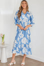 Sky Blue Floral Shirt Collar 3/4 Sleeve Long Dress Women UK