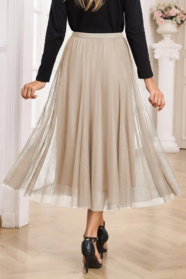 Apricot tulle mesh overlay flared midi skirt back view — Fashionfitz UK