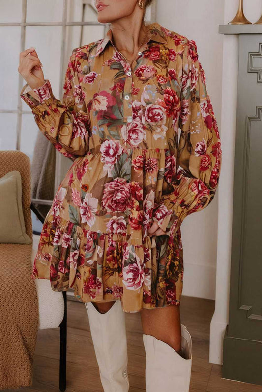 Retro Floral Ruffle Mini Dress in brown with long sleeves and red floral print, styled for fall partywear with white boots.