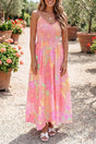 Pink spaghetti strap floral shirred high waist dress front view — Fashionfitz UK