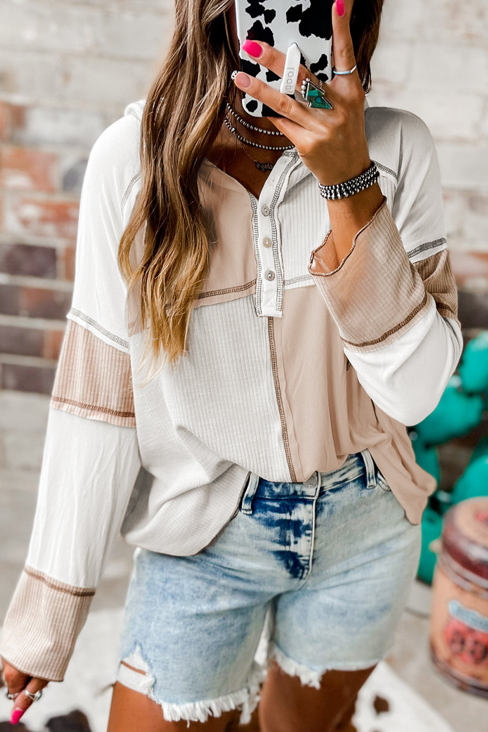 Color-Block Seamed Ribbed Henley Hoodie