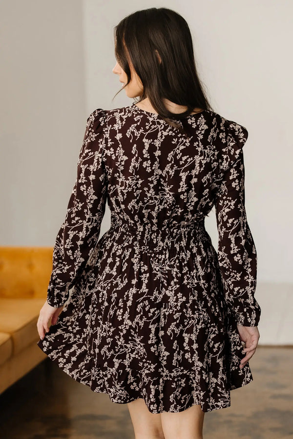 Brown Ditsy Floral Split Neck Long Sleeve Shirred Mini Dress Women UK — back view