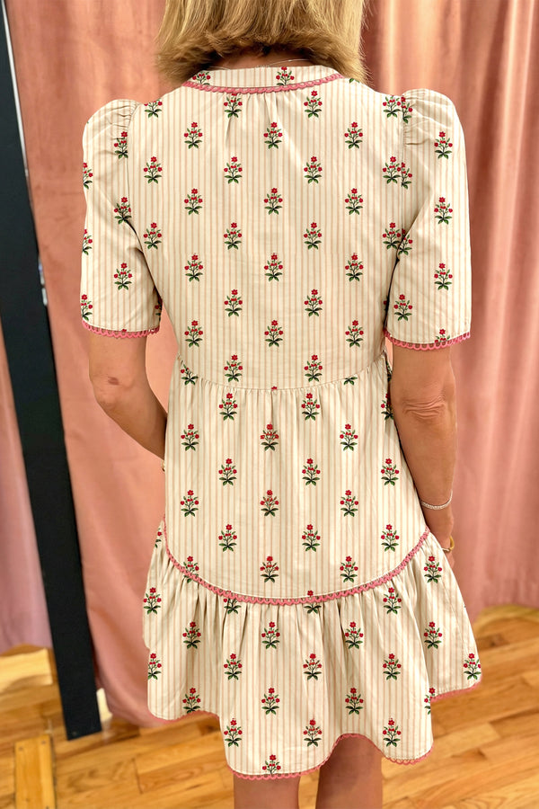 Apricot Striped Floral Contrast Ruffle Hem Mini Dress Women UK