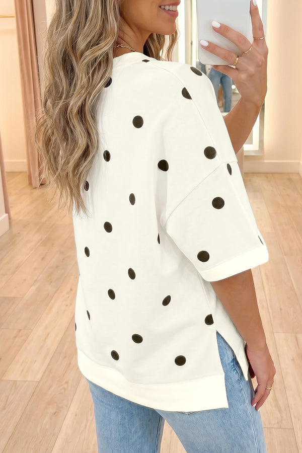 Polka Dot Crossed Seam Oversized Tee Women UK — side view showing longer length and relaxed oversized silhouette — Fashionfitz