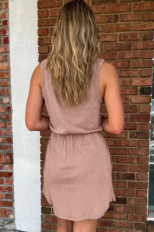 Smoke gray washed cotton sleeveless mini dress showing U-neckline and relaxed shift silhouette, Fashionfitz