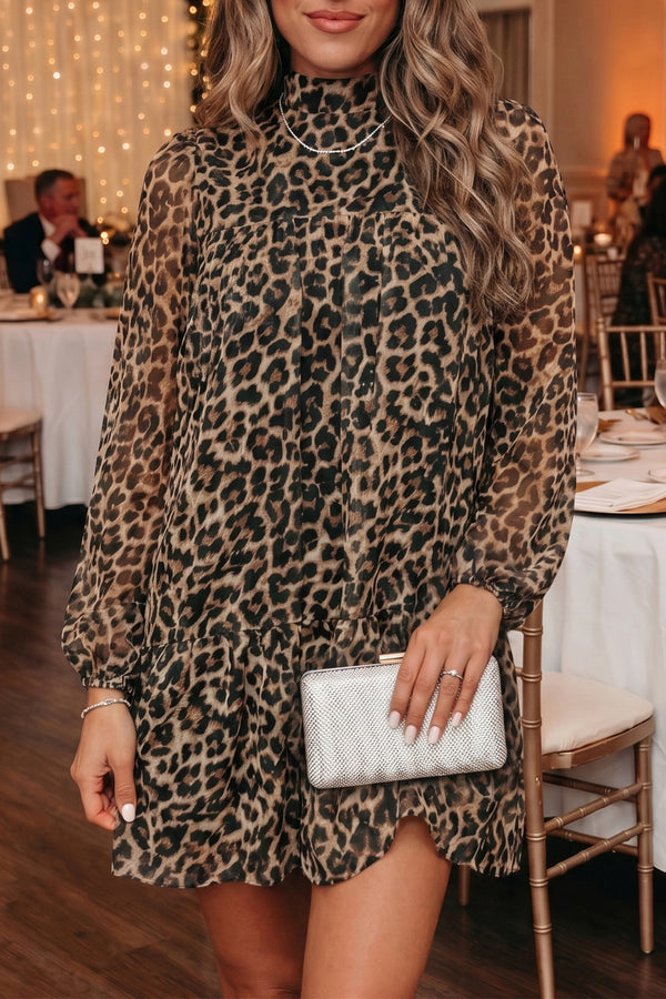 Leopard Print Gathered Long Sleeve Mini Dress Pockets Women UK